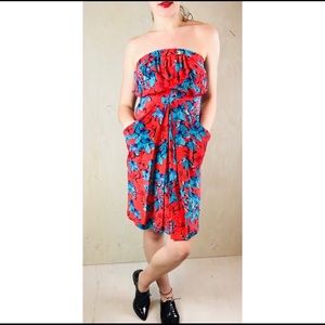 Leifsdotfir Strapless red dress with blue florals